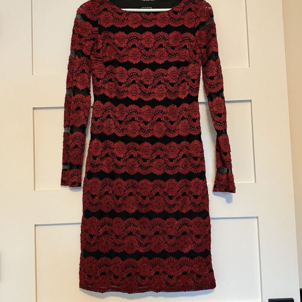 Stunning JH Evenings Crimson Embroidered Black Lace Long Sleeve Midi Dress